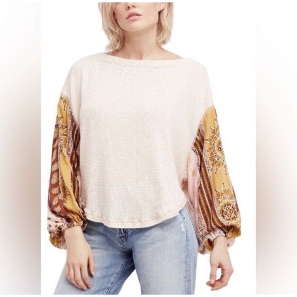 We The Free People Top Womens M Ivory Patchwork Waffle Knit Balloon Sleeve Boho